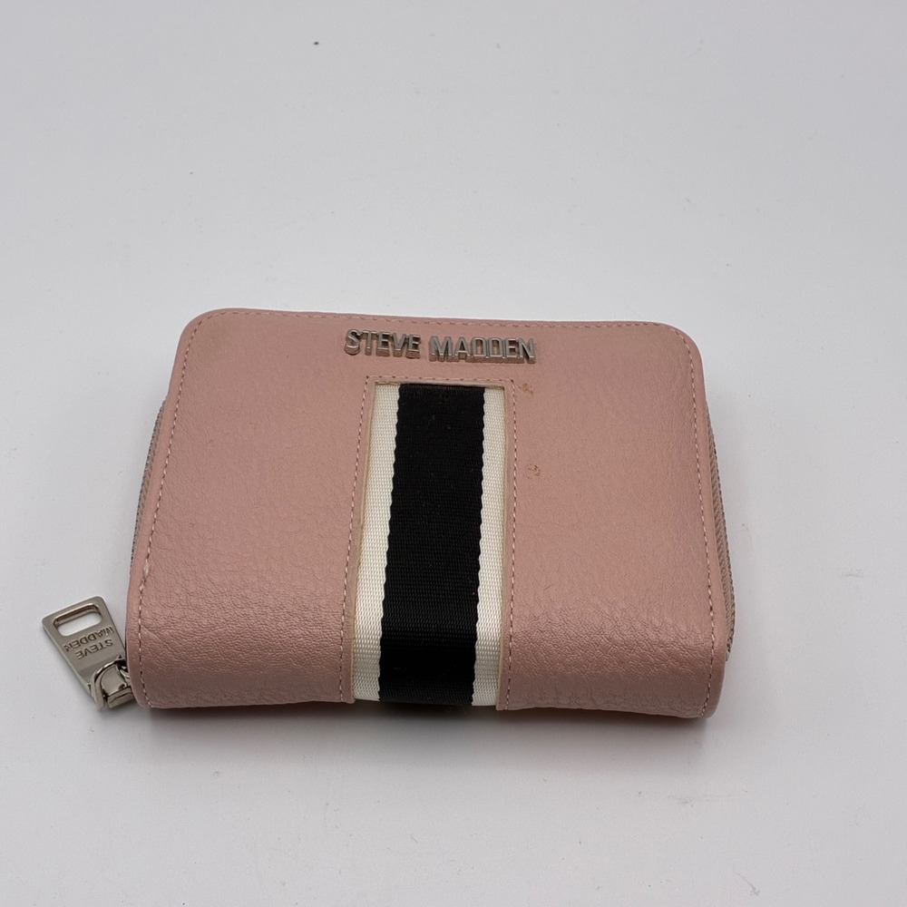 Steve Madden Wallet Pink Striped Bifold Zip Around Logo Faux Leather
